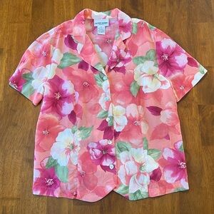 Alfred Dunner Pink Floral Silk Short Sleeve Button-Down